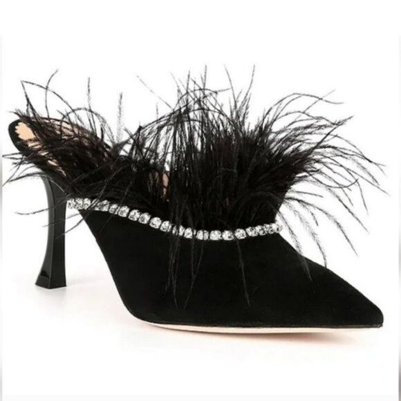Antonio Melani x Nicola Bathie Liz Ostrich Feathers Rhinestone Suede Dress Mules - Picture 2 of 14